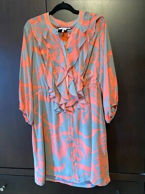 Max & Cleo Coral and Gray Ruffle Front Long Sleeve Dress